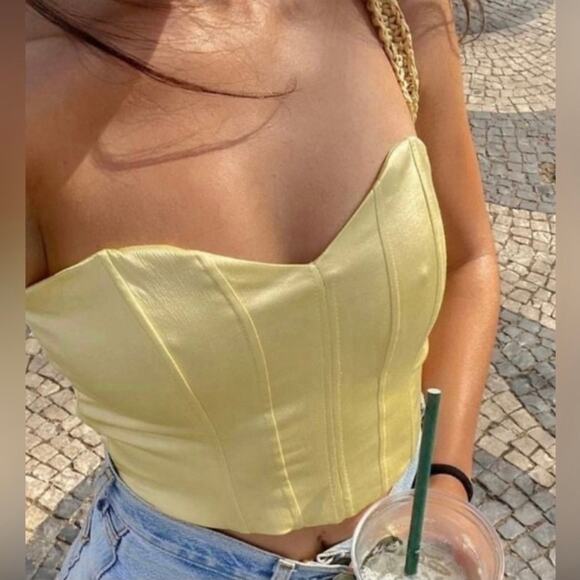 Zara Satin Effect Corset Style Bustier Cropped Tank Top Yellow Size Medium - Picture 8 of 8